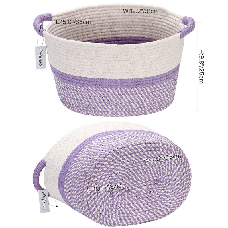 Hinwo Oval Cotton Rope Storage Basket Collapsible Nursery Storage Box Container Organizer with Handles, 13 x 10 inches, Off White and Lavander - Image 4